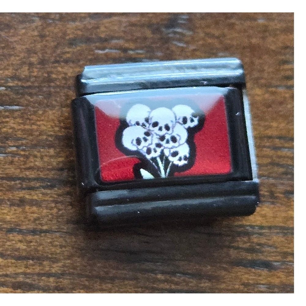 Skull Bouquet Italian Charm Link Black Stainless Steel Red Enamel 9mm Goth Emo